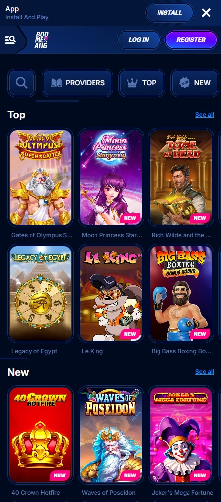 Boomerang Casino Mobile App Lobby